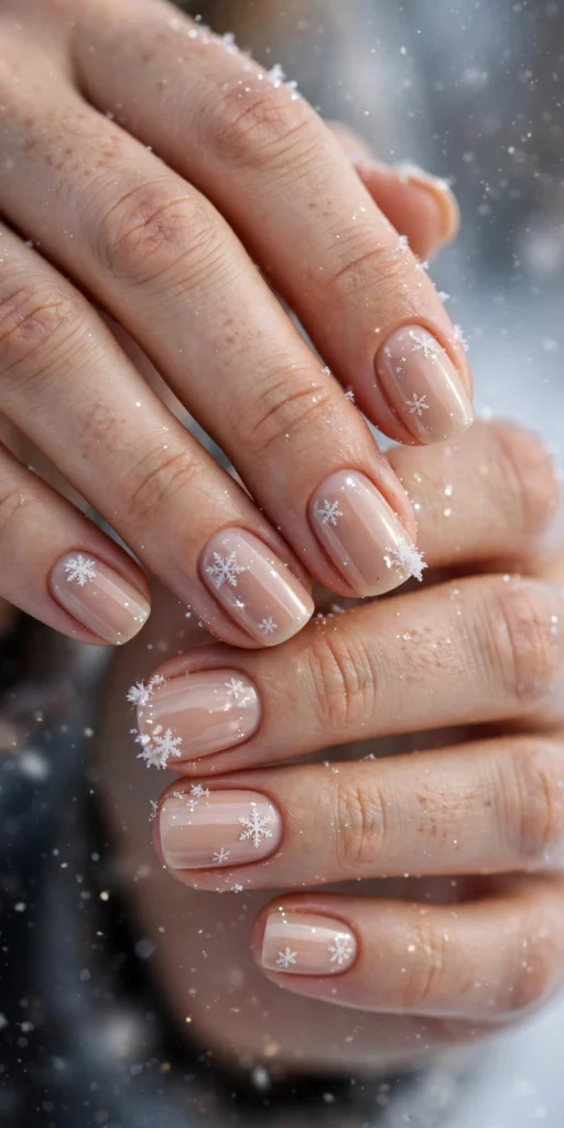 nude christmas nails with tiny white snowflakes and sparkle