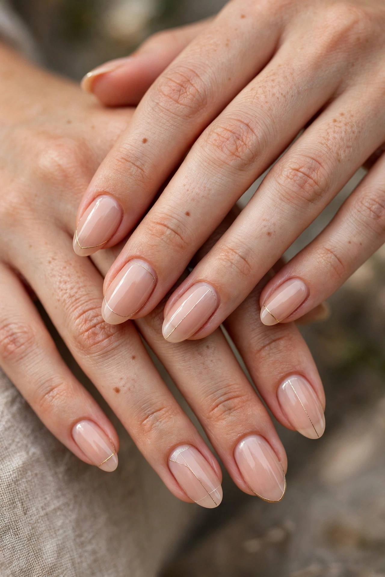 nude january nails with delicate gold accents