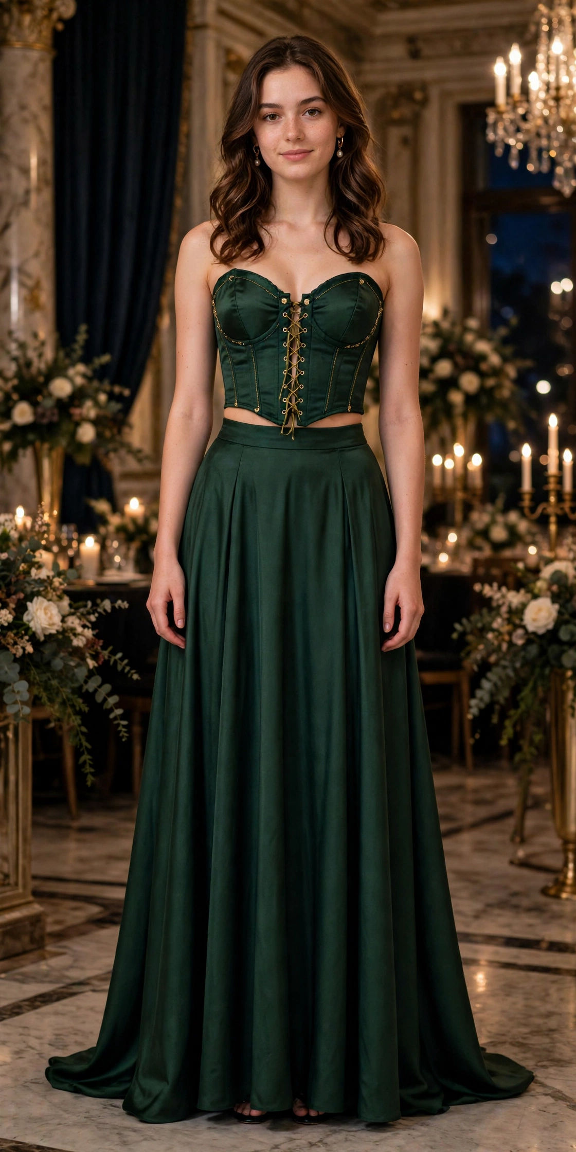Two-piece prom dress with a corset top and long skirt in deep green