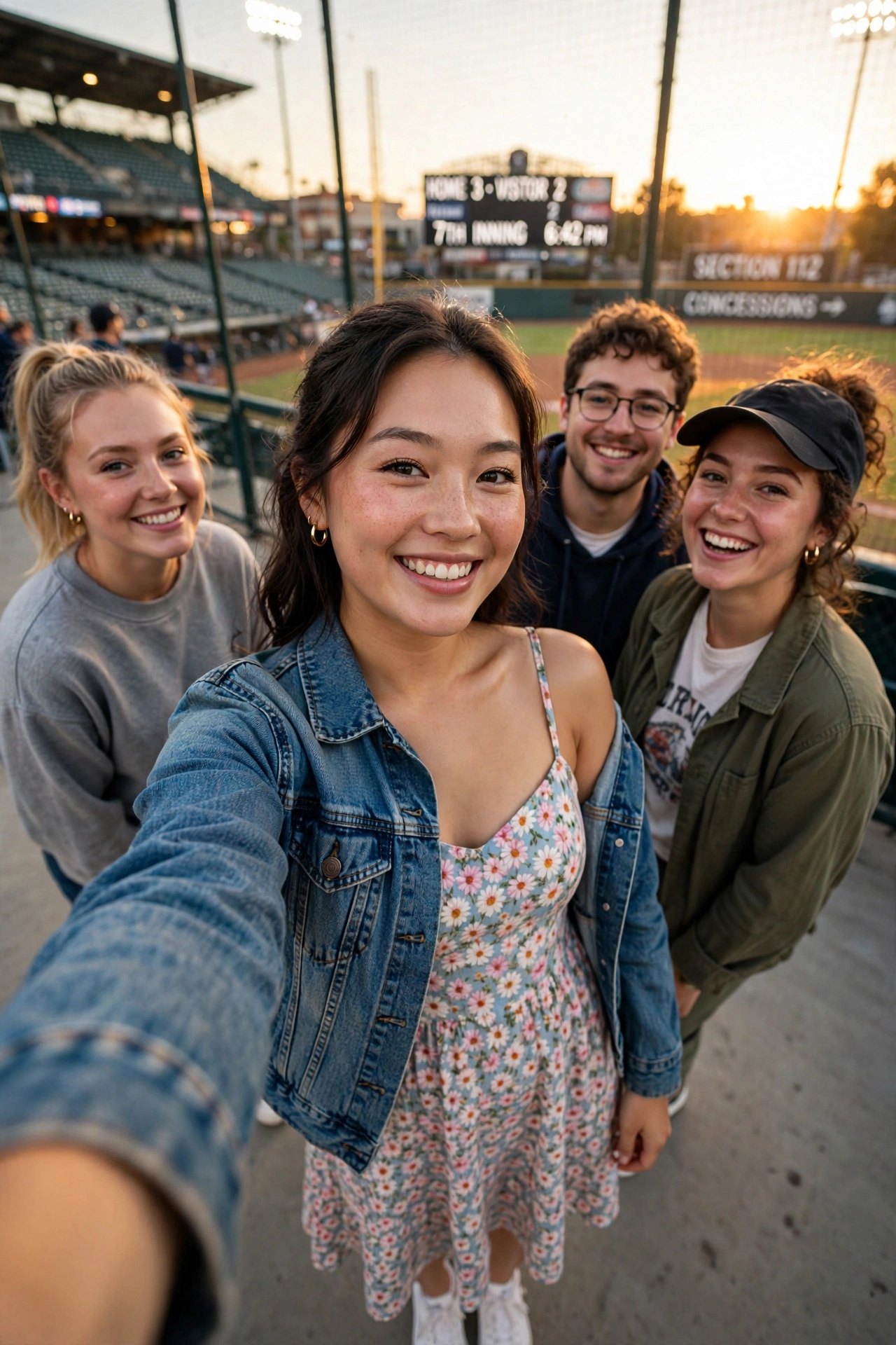 dressier college baseball game outfits with sundress and denim jacket at the stadium