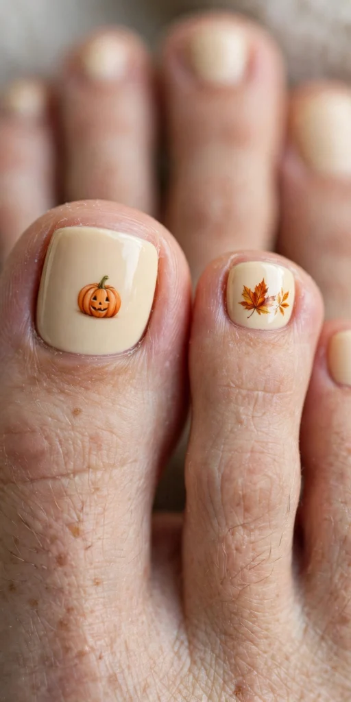 tiny pumpkin and leaf thanksgiving toe nail art close-up