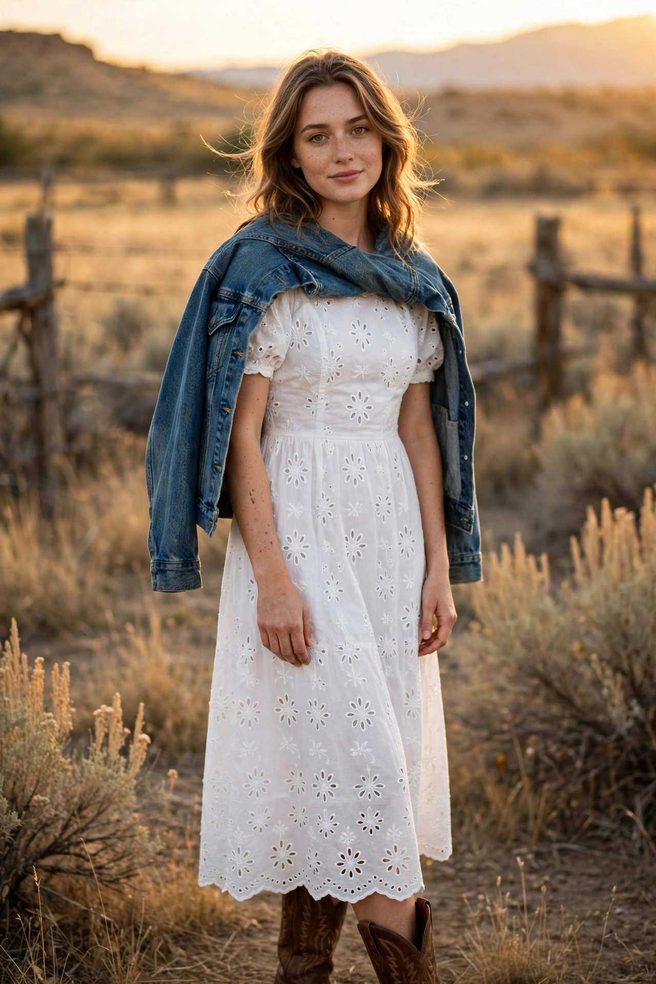 Woman in a white dress with brown cowboy boots, a soft rodeo outfit idea