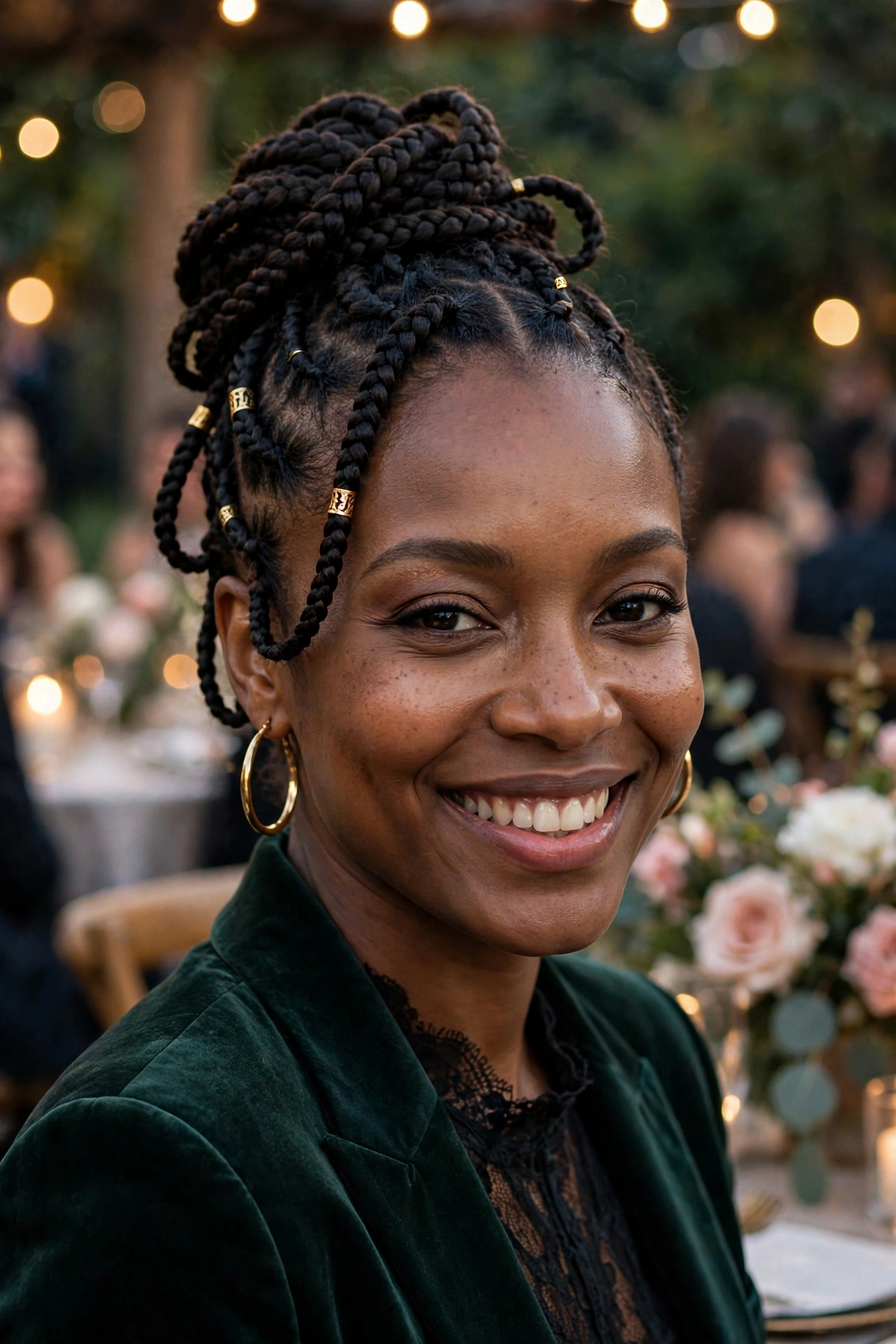 Woman styling knotless braids in different updos, portrait showing styled braids