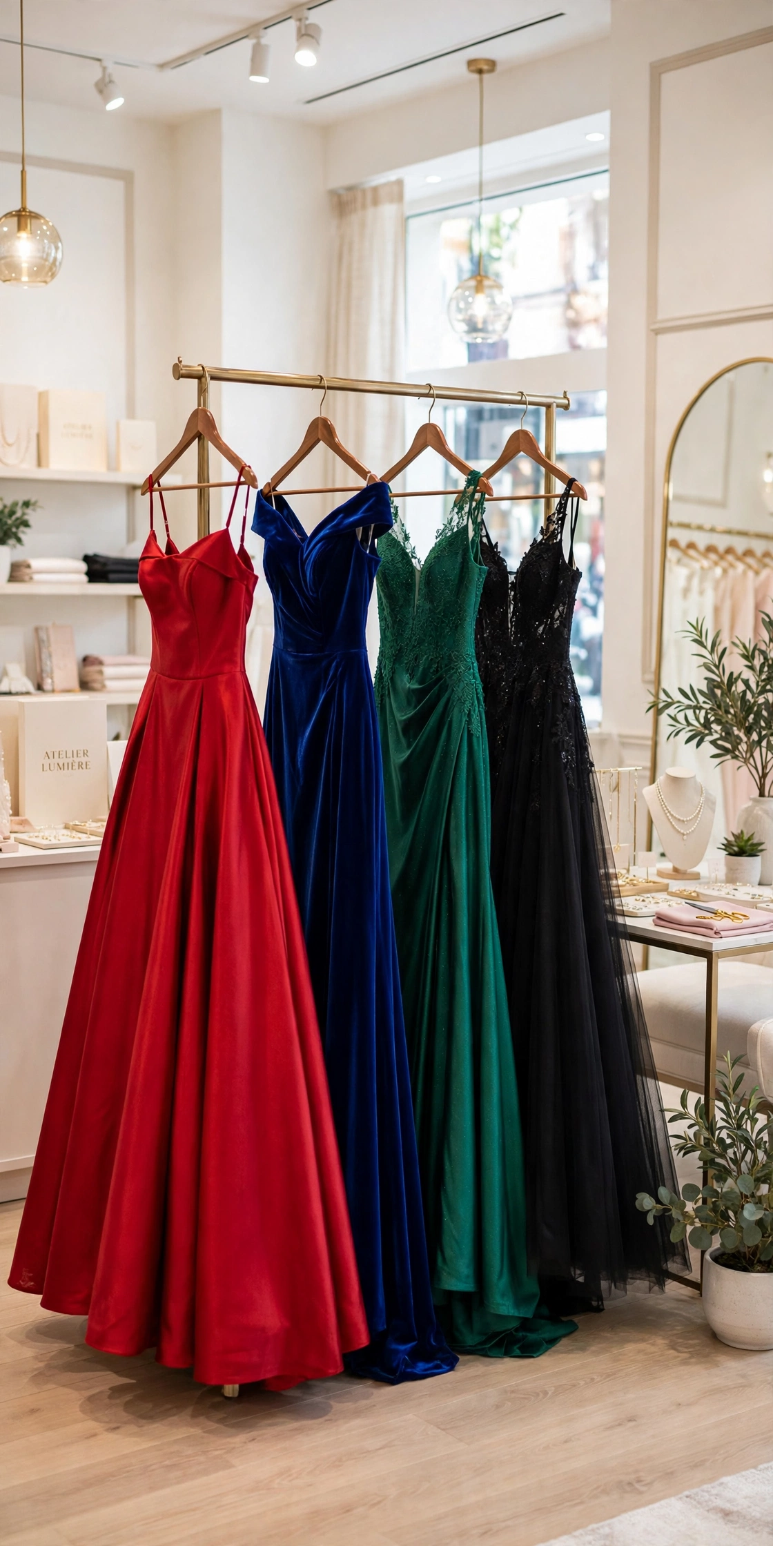Row of colorful prom dresses in red, blue, green and black on a rack