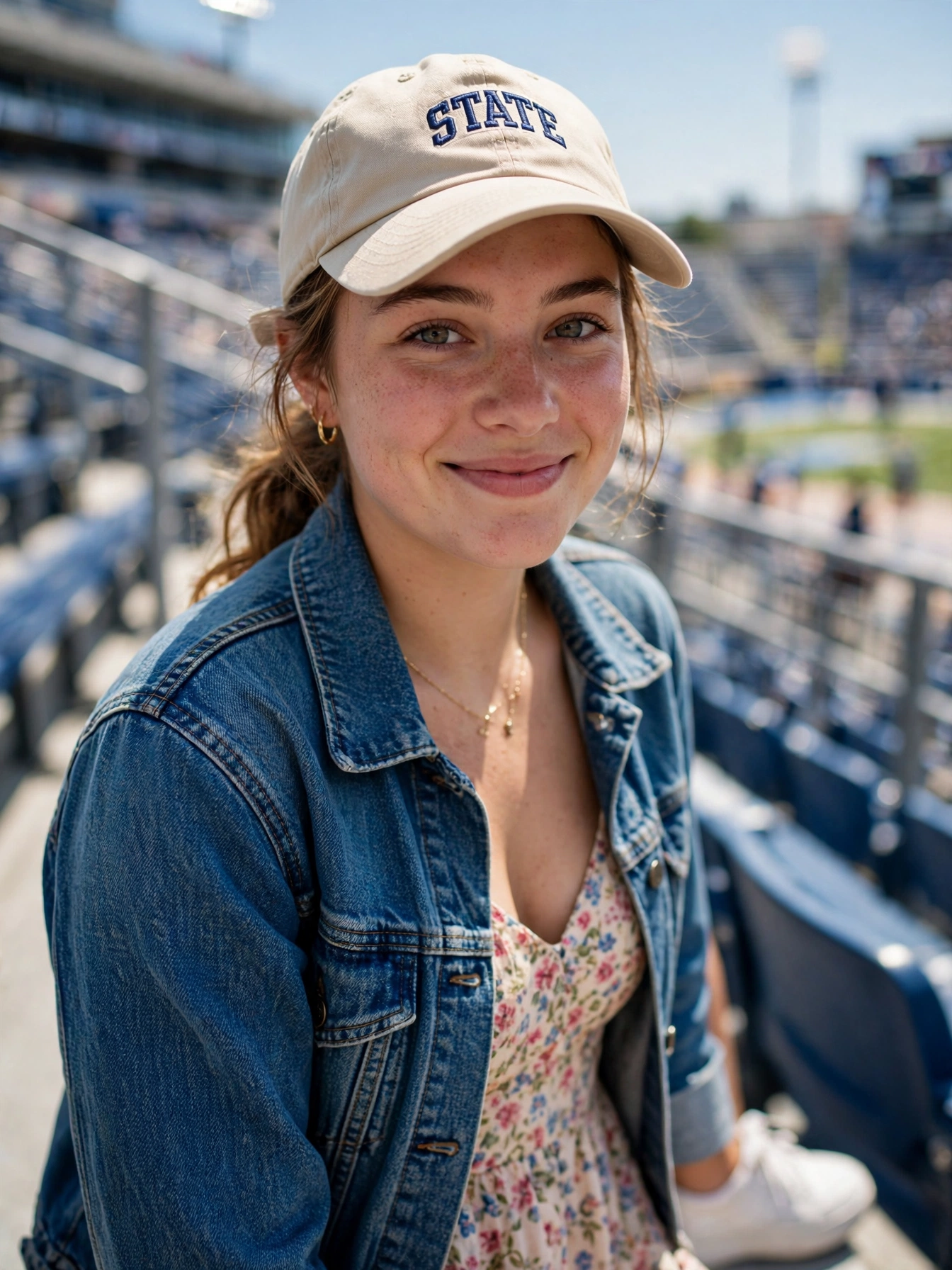 sundress and denim jacket college baseball game outfit with sneakers and cap