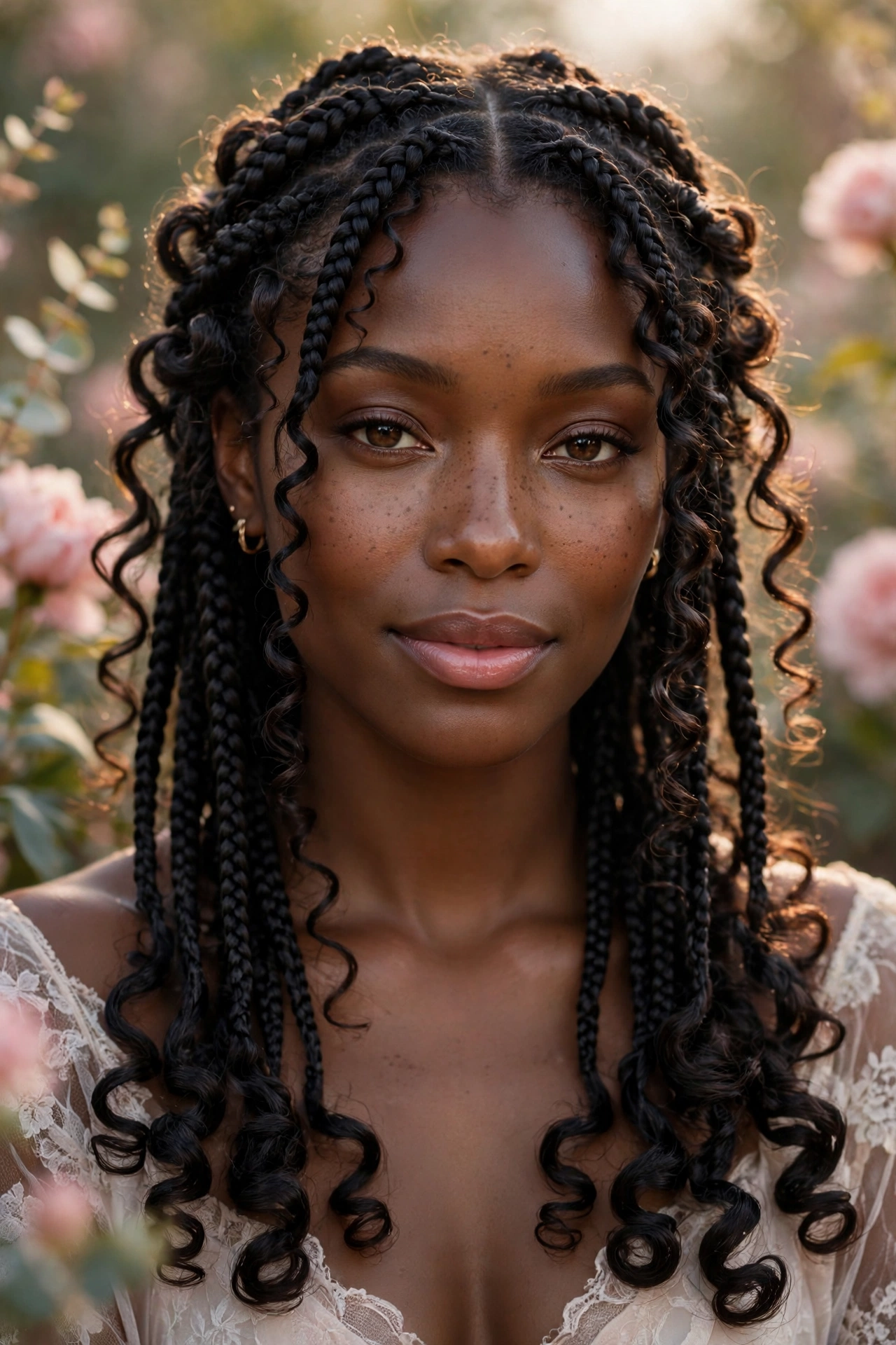 Woman with knotless braids with curls at the ends, goddess style portrait