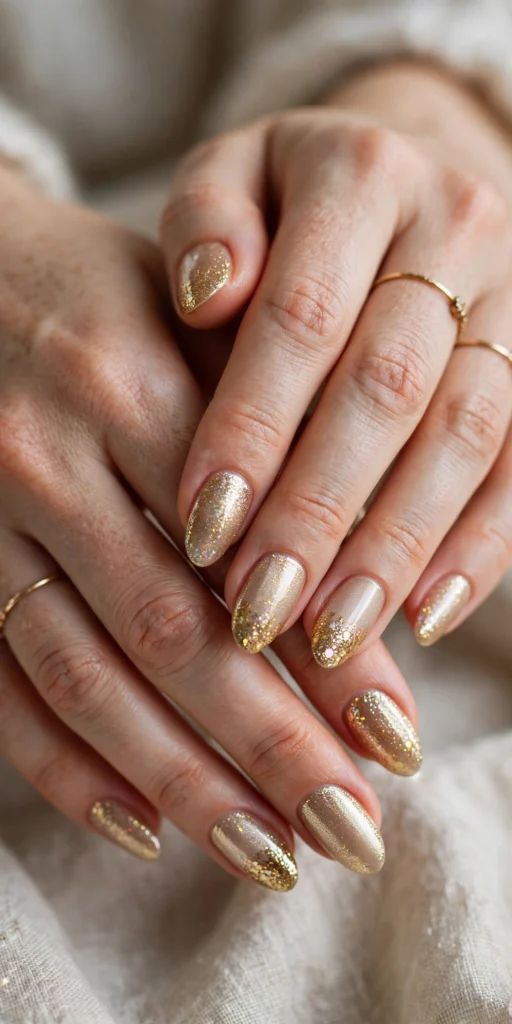 gold glitter and champagne christmas nails close up