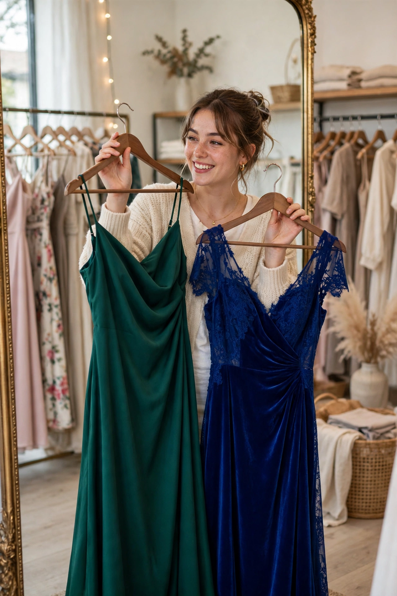 Girl comparing emerald green and royal blue prom dresses in a mirror