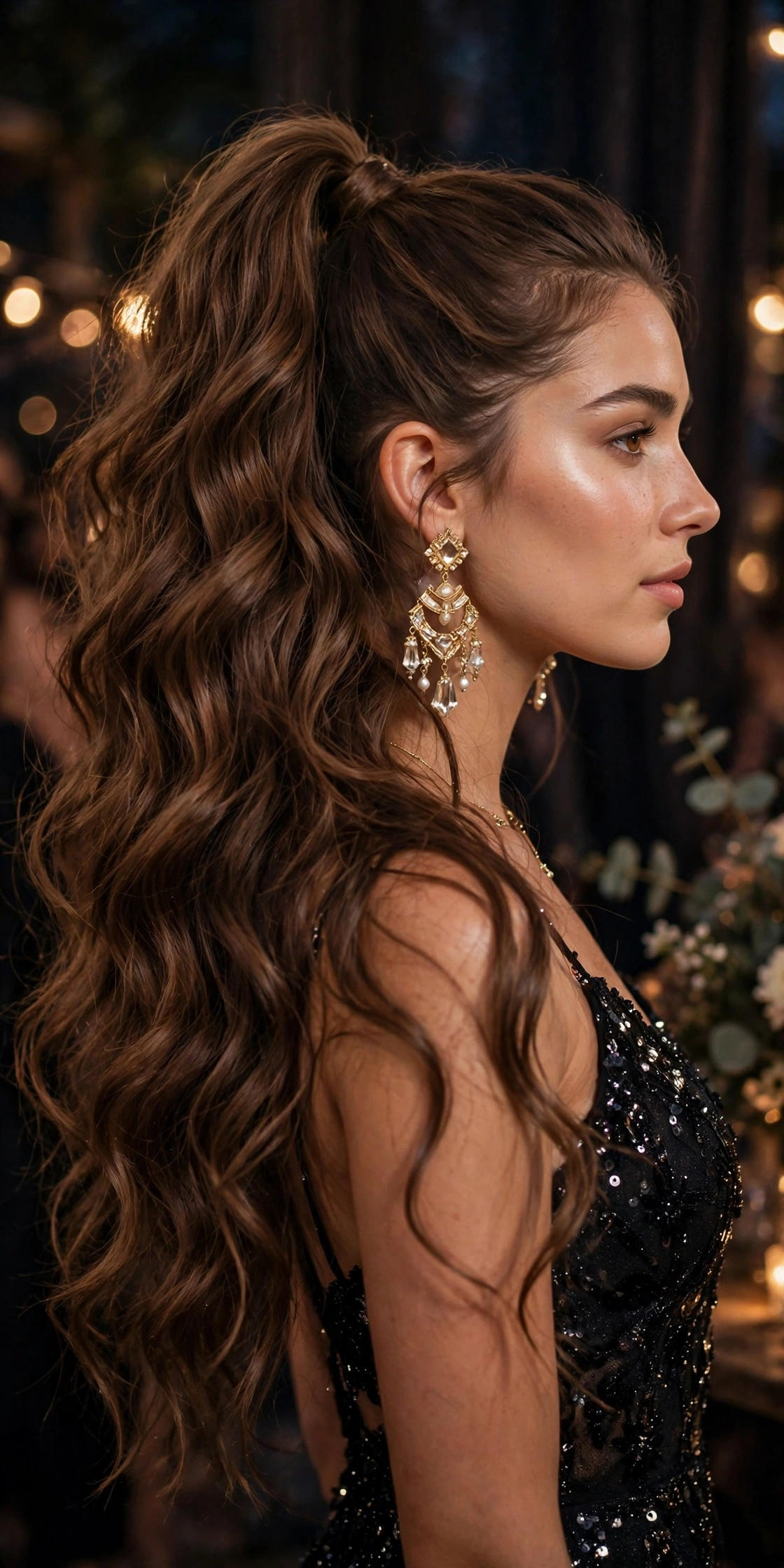 high wavy ponytail hairstyle with full flowing waves