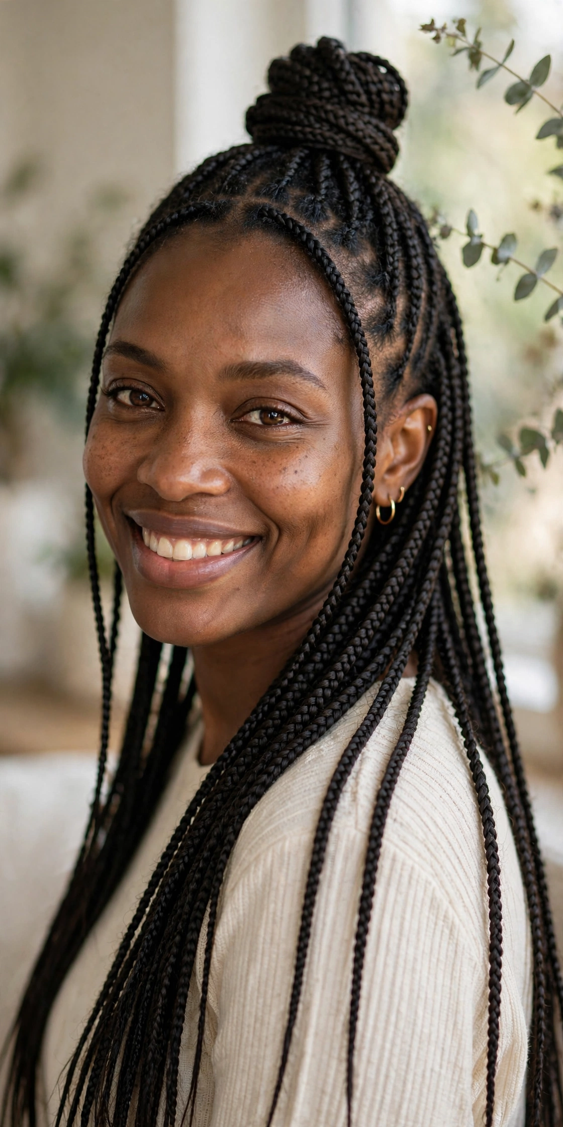 Woman with half-up knotless braids in a top bun, portrait showing the style