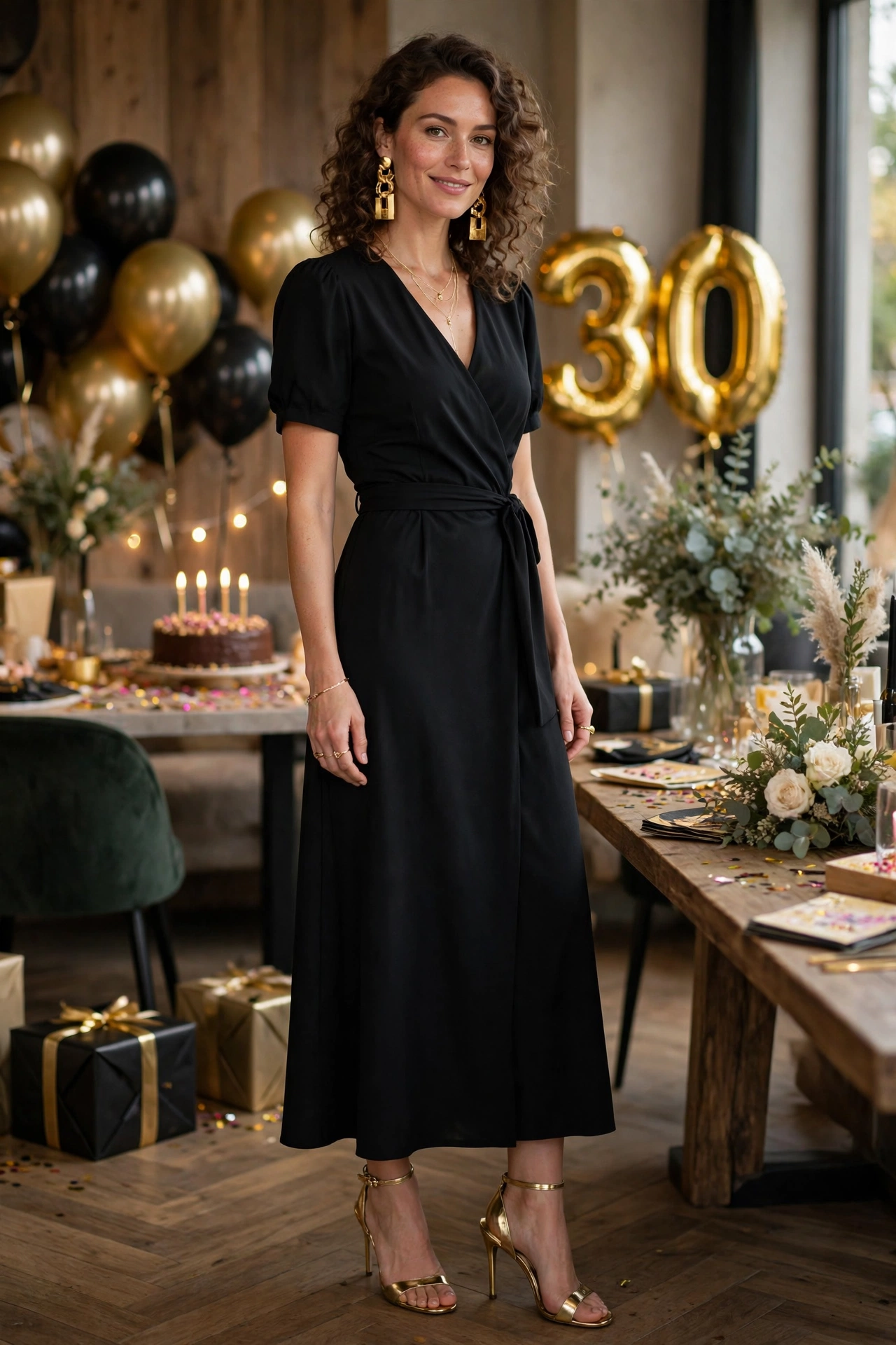 Woman in a black dress with bold gold accessories, classic birthday outfit