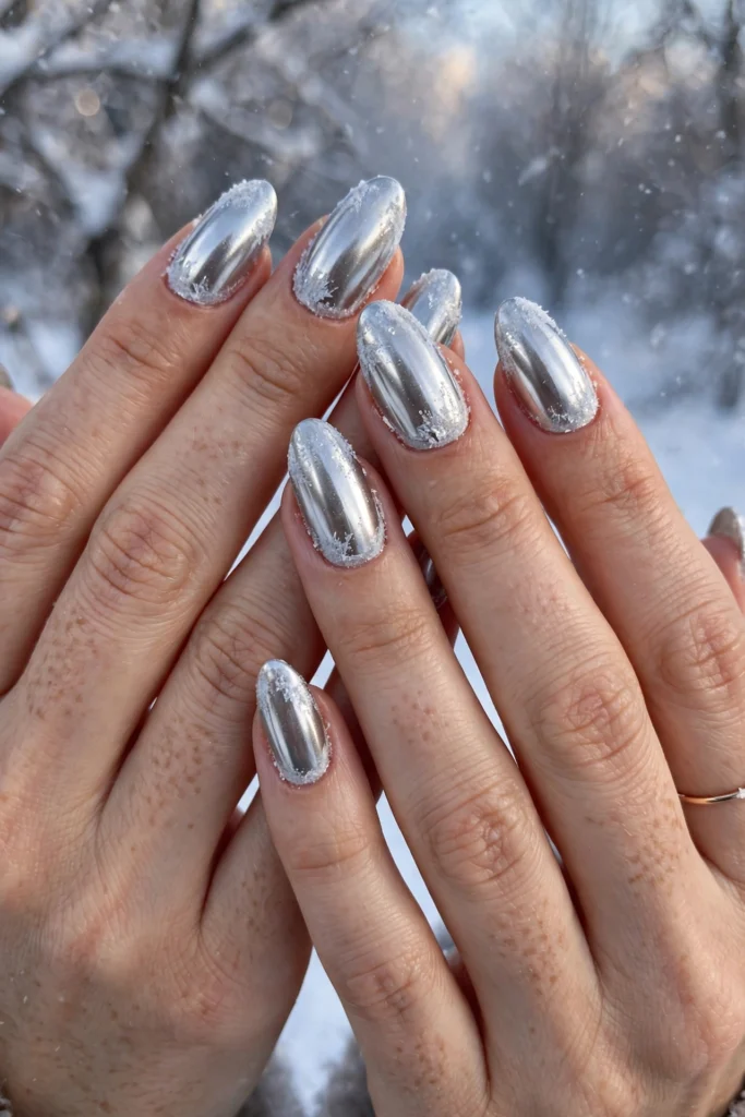 silver chrome icy winter christmas nail ideas