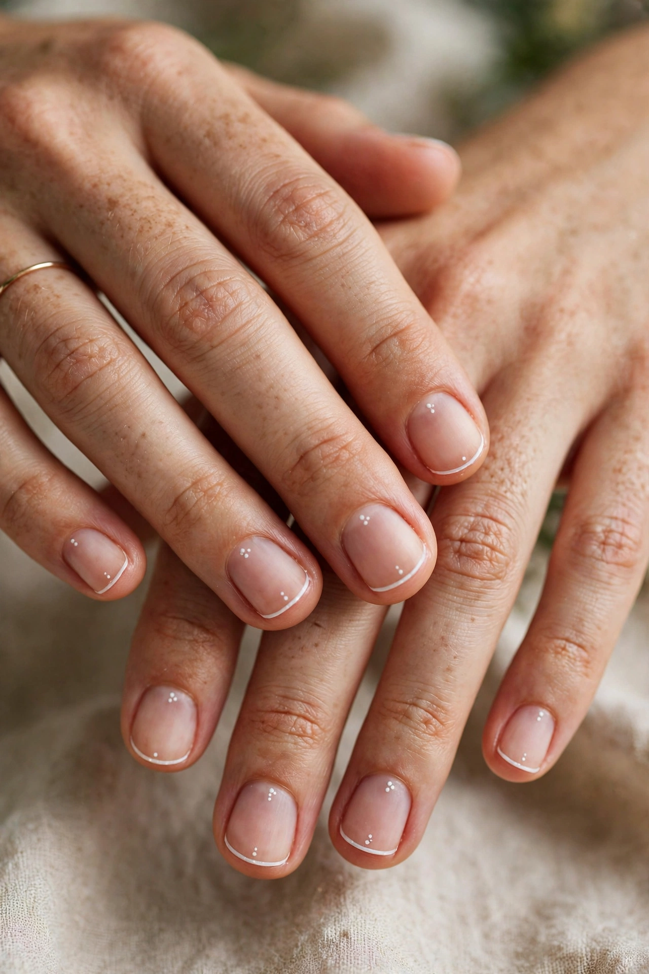 micro French tips and tiny dot details on short january nails