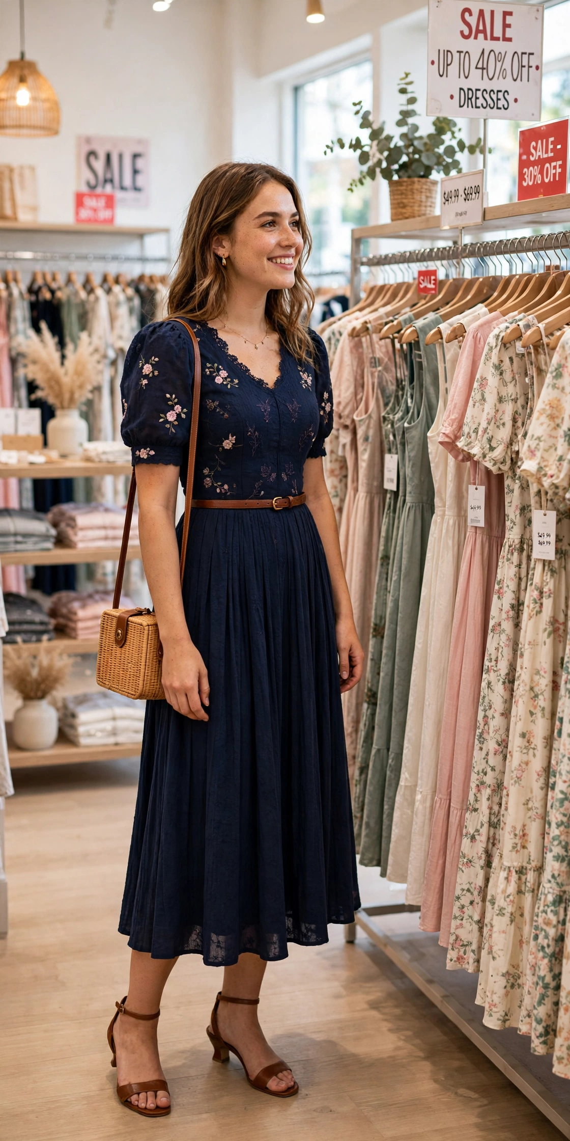 Affordable prom dress shopping, a girl smiling at price tags in a dress store