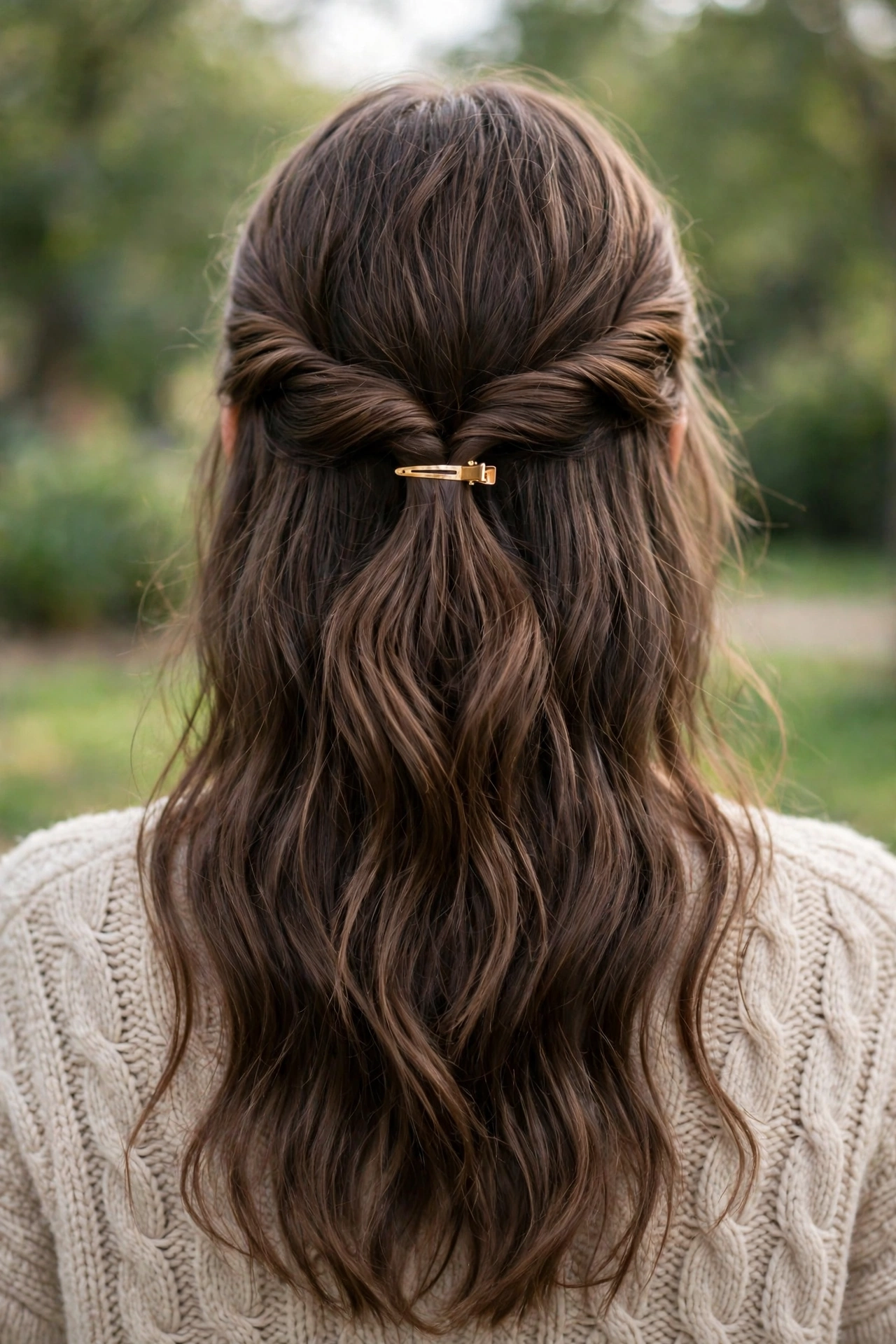 twisted half up hairstyle for wavy hair with romantic twists