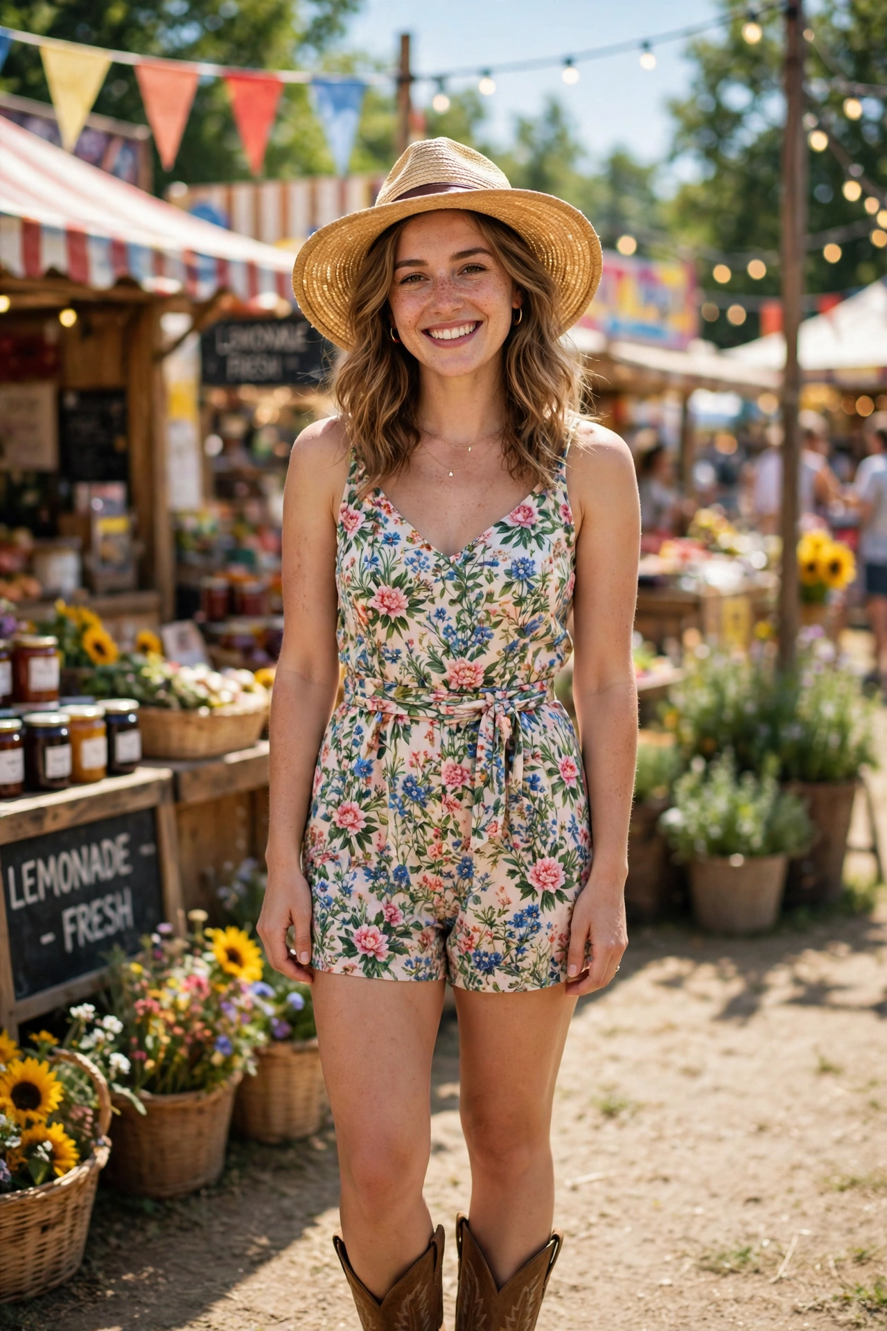 Summer romper rodeo outfit for women with ankle cowboy boots and a hat