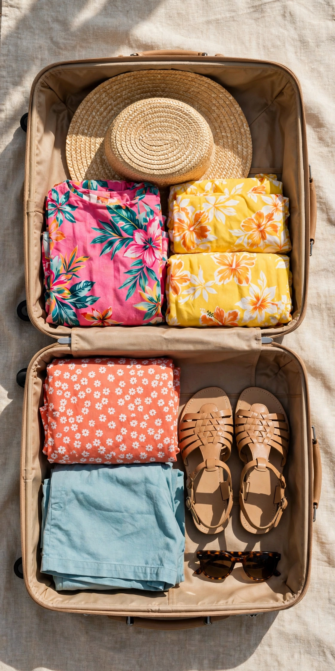 Flat lay of a spring break suitcase with folded vacation outfits, sandals and a straw hat
