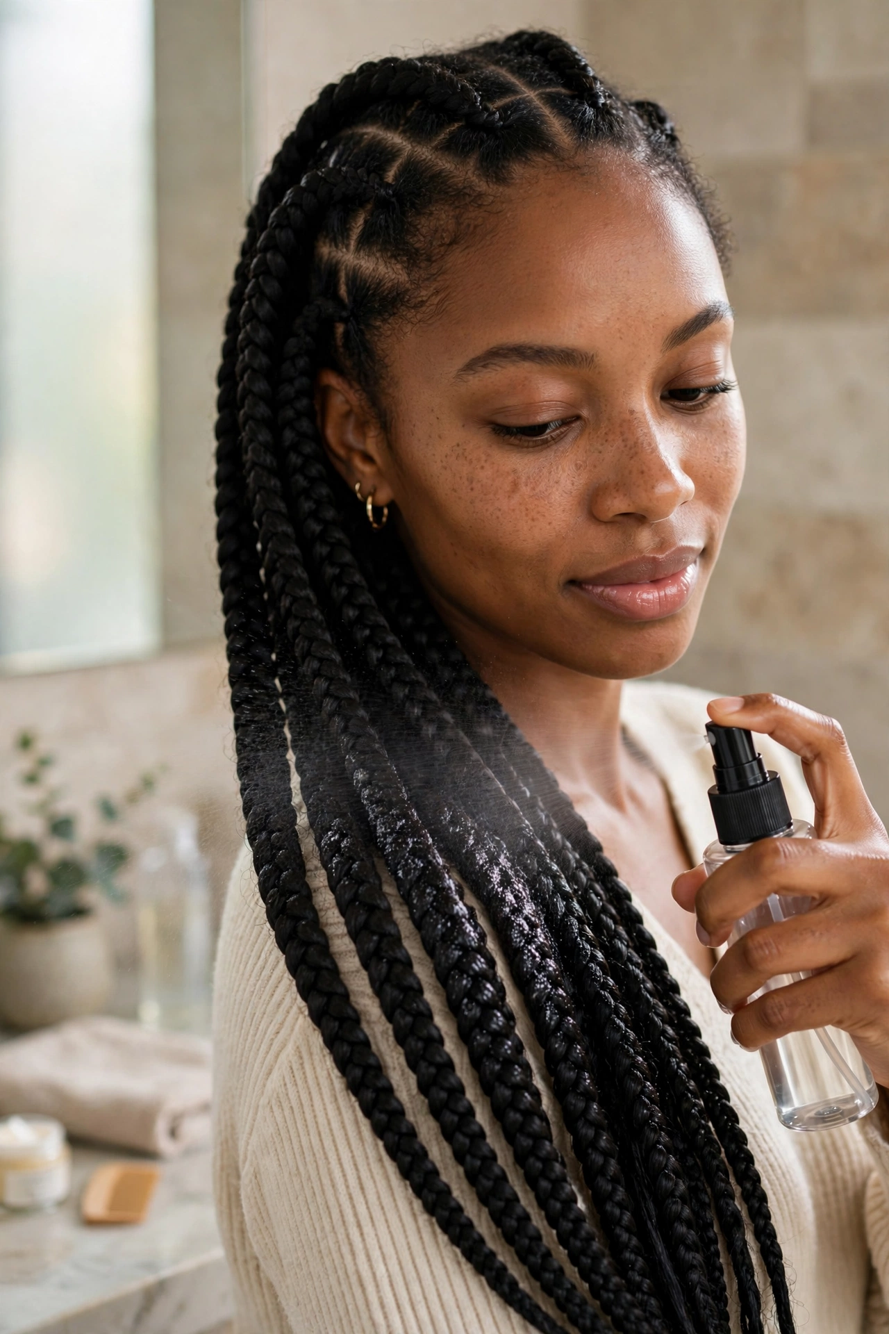 Woman caring for knotless braids with moisturizing spray, healthy braids portrait