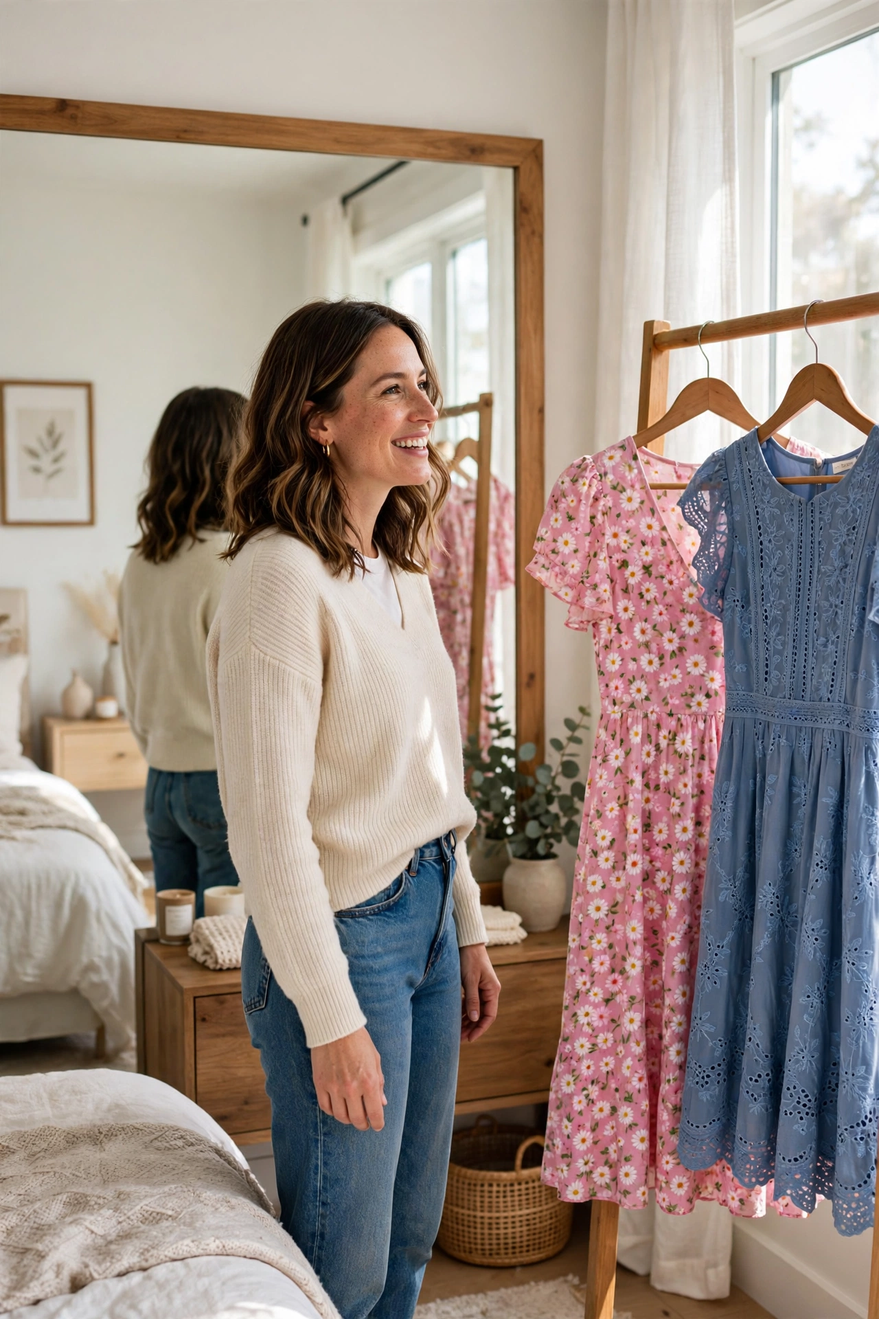 Woman happily choosing between birthday outfits in front of a mirror