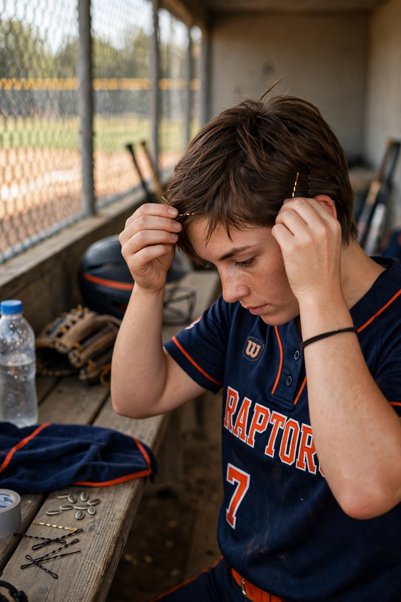 softball player fixing short hair with elastics and pins in dugout