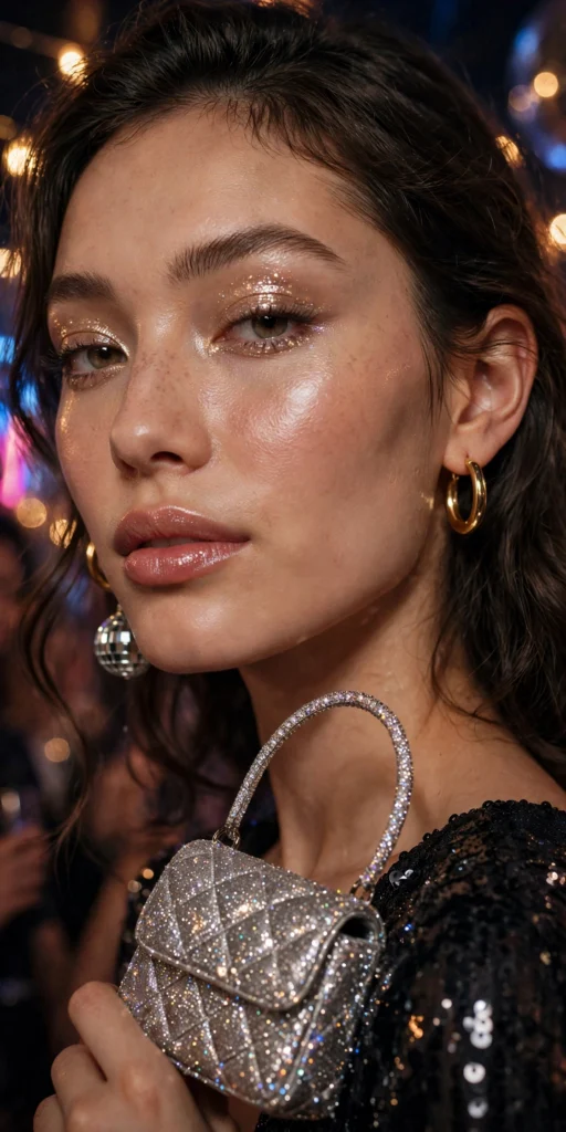 Disco outfit accessories for women with gold hoops, sparkly bag and disco ball earrings