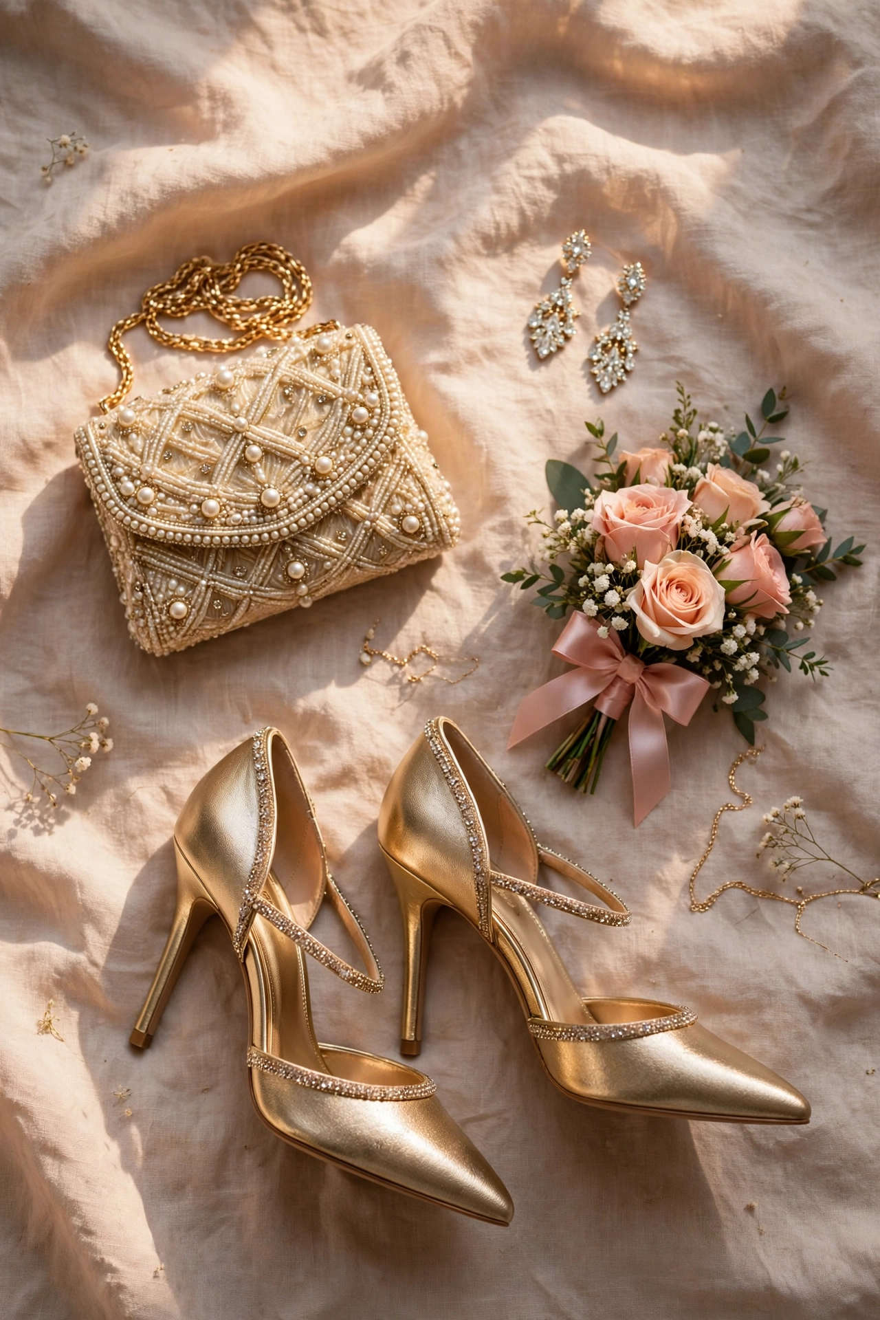 Prom night accessories flat lay with heels, clutch bag, earrings and flowers