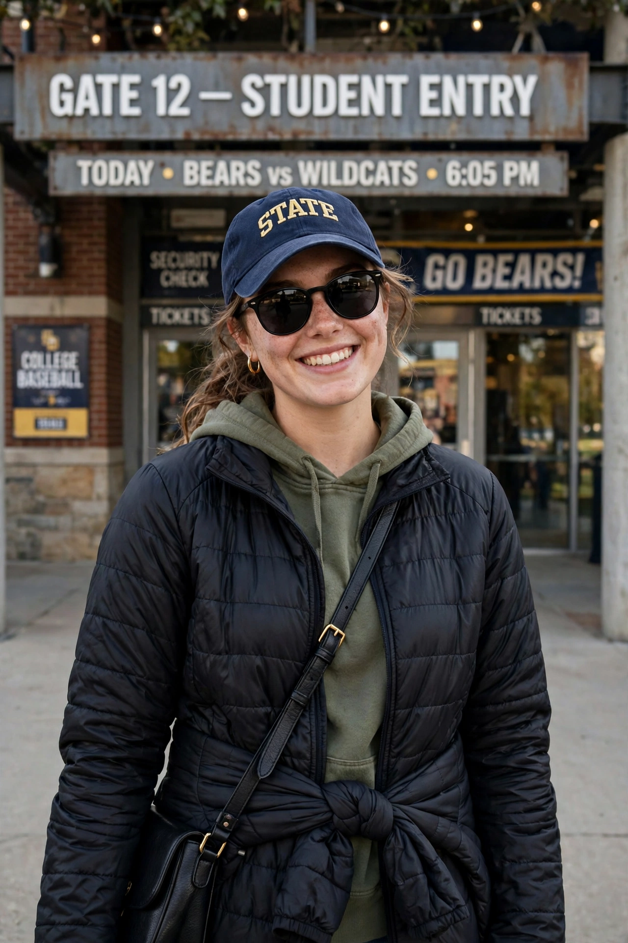 final college baseball game outfit tips with hat bag and layered jacket