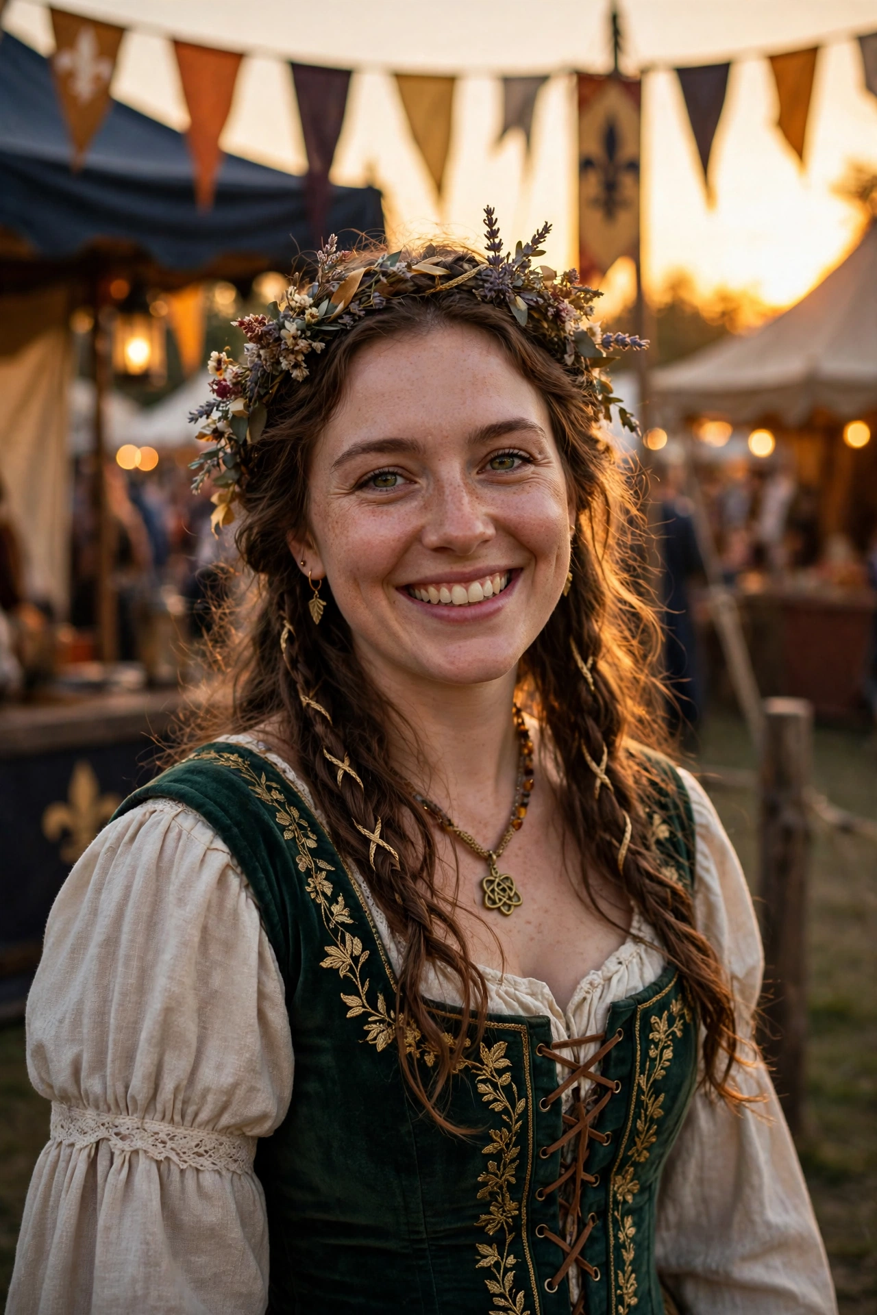 happy woman in ren faire outfit at renaissance festival sunset
