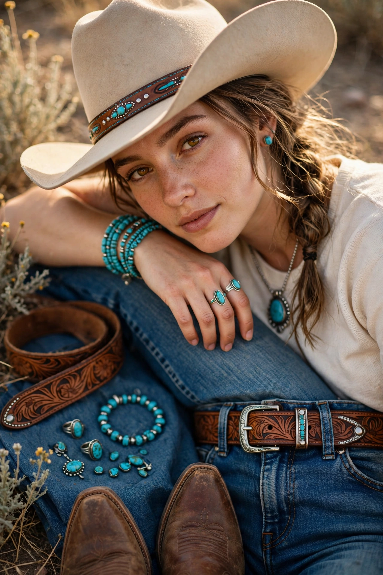 Close-up of rodeo outfit accessories for women including turquoise jewelry, belt and hat