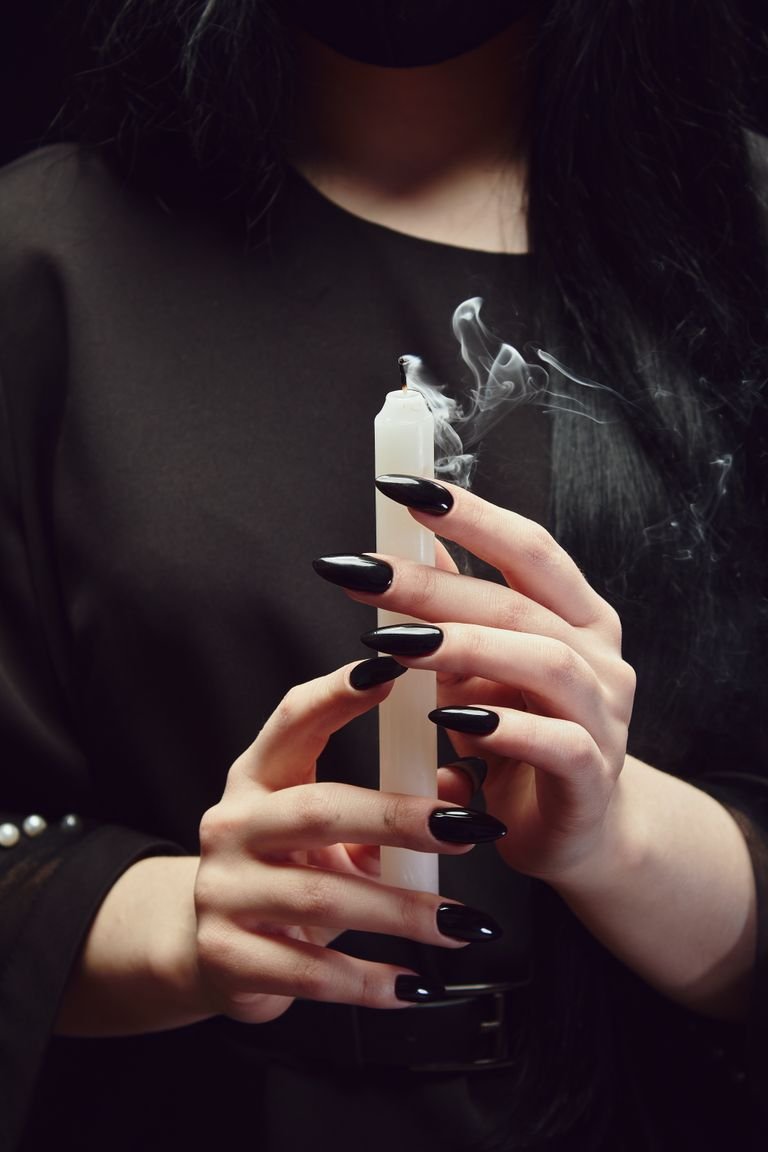 Matte black gothic coffin nails on dark lace