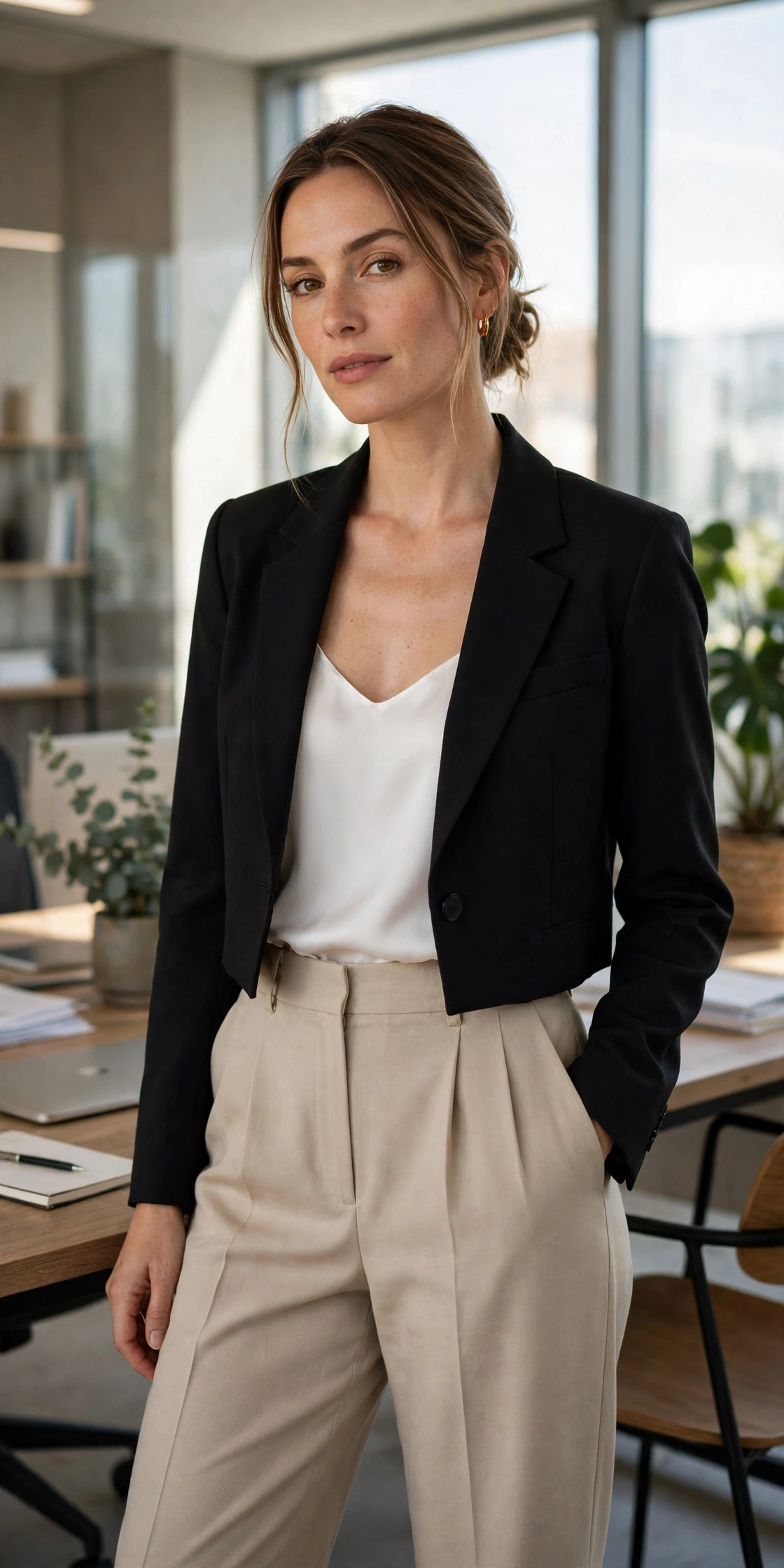 Cropped blazer business casual outfit for women with high-waisted trousers