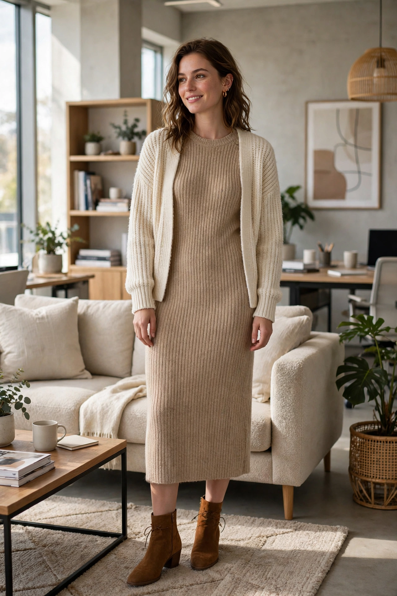 Business casual dress outfit for women - knit midi dress with cardigan and ankle boots