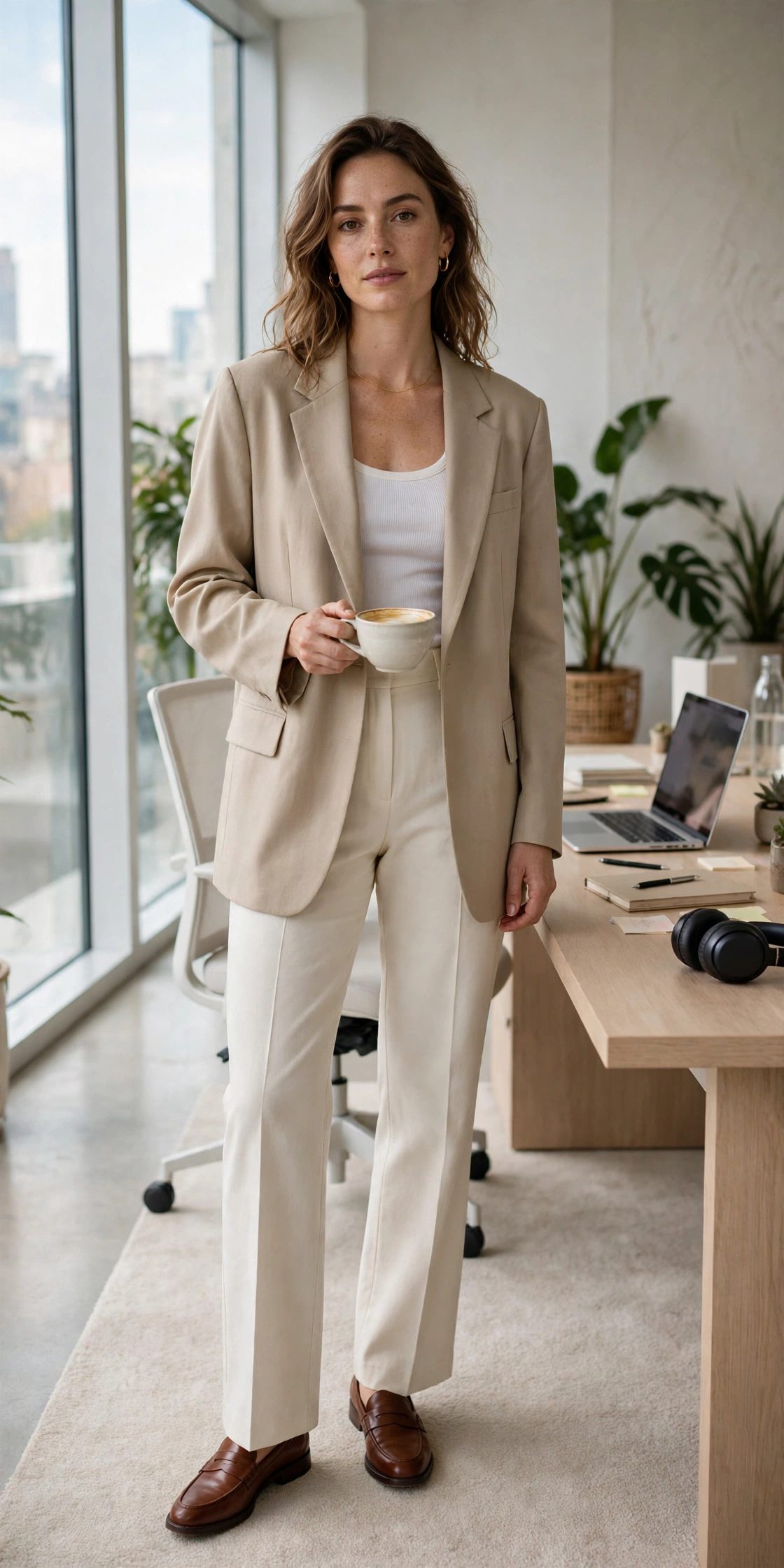 Business casual outfits for women - oversized blazer with fitted tank and straight-leg pants