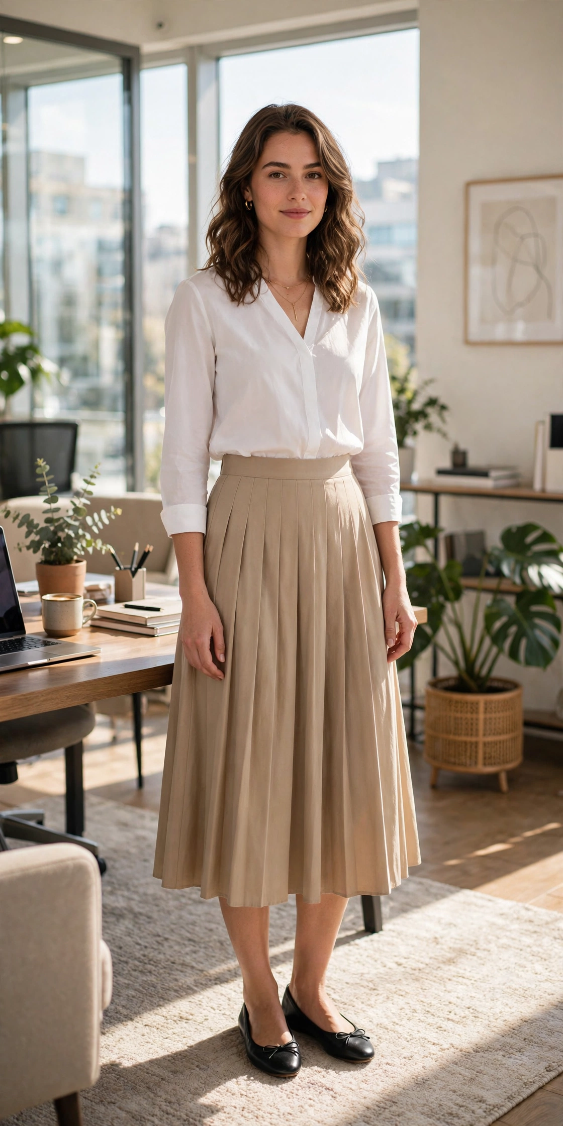 Pleated midi skirt business casual outfit for women with tucked-in blouse