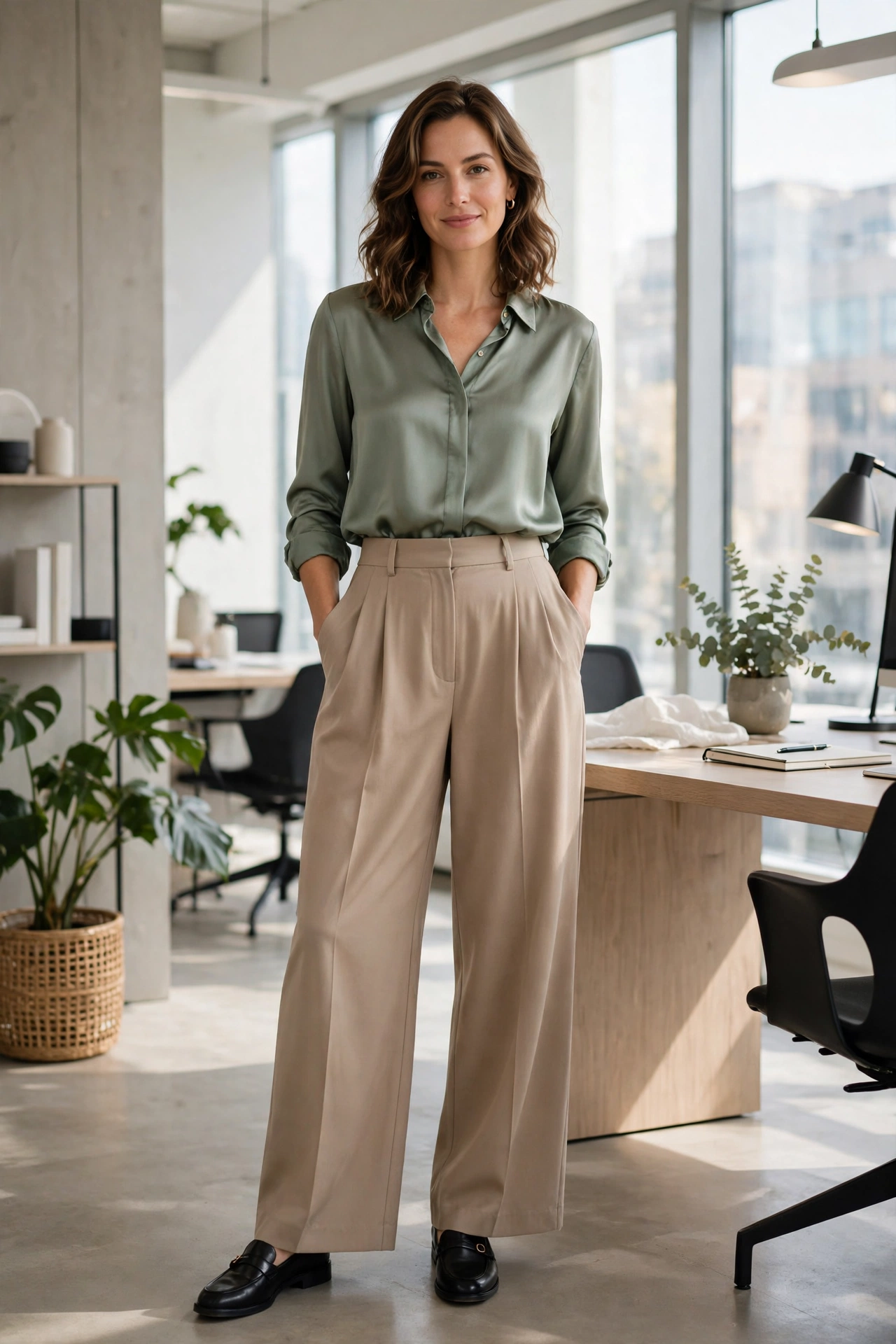 Wide-leg trousers business casual outfit for women with tucked-in blouse